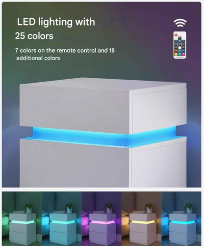 Nachtkastje - Bijzettafel - Salontafel - met LED Verlichting - Kast met 3 Lades - Moderne - Verstelbare Kleuren & Modus – voor Slaapkamer - Woonkamer - Kantoor - Wit - QUORE