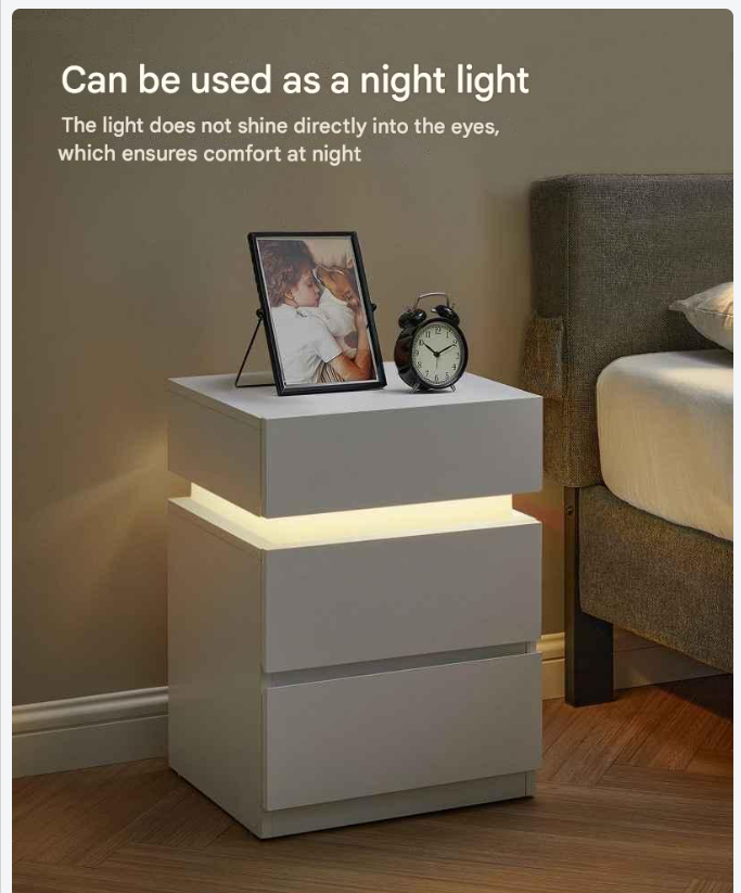 Nachtkastje - Bijzettafel - Salontafel - met LED Verlichting - Kast met 3 Lades - Moderne - Verstelbare Kleuren & Modus – voor Slaapkamer - Woonkamer - Kantoor - Wit - QUORE