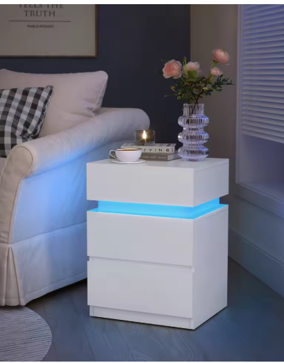 Nachtkastje - Bijzettafel - Salontafel - met LED Verlichting - Kast met 3 Lades - Moderne - Verstelbare Kleuren & Modus – voor Slaapkamer - Woonkamer - Kantoor - Natuurlijk - QUORE