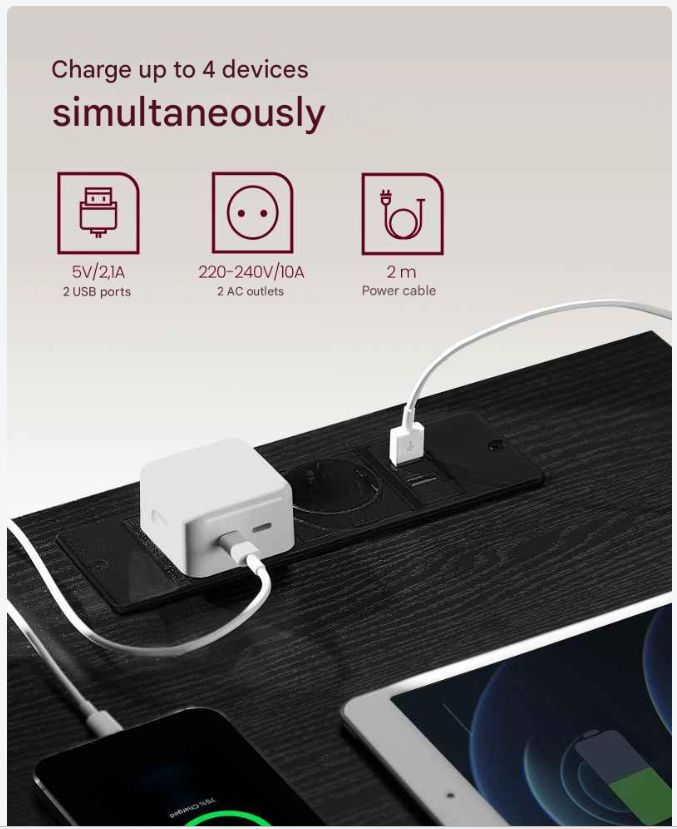 Nachtkastje - Bijzettafel - met Stopcontact en USB - Kast met 3 Lades - Tafel met Oplaadstation – voor Slaapkamer - Woonkamer - Kantoor - 35 x 40 x 59 cm - Zwart - QUORE