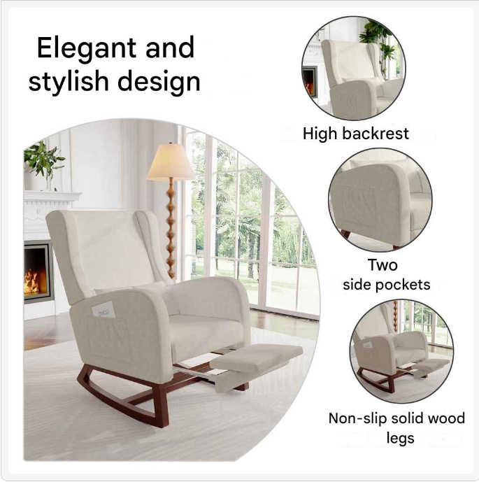 Schommelstoel - met Verstelbare Beensteun - Stoel - Schommelstoel Volwassenen - Comfortabele Relaxstoel - Kussen - voor Woonkamer of Slaapkamer - Beige