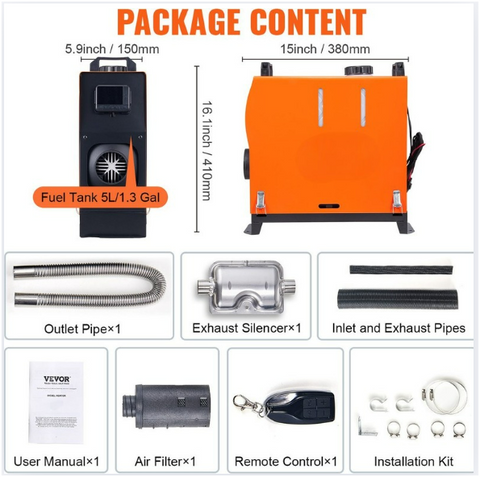 Diesel Standkachel -  Luchtverwarmer met een - Intelligente Digitaal - Monitor en Afstandsbediening - Brandstoftank van - 5L- Auto Heater - Voor auto's - Vrachtwagens - 8KW 12V - Oranje/Zwart
