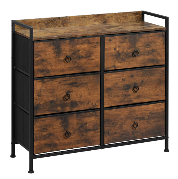 Ladekast met 6 Lades - Opbergkast met Houten Top & Metaal Frame - Voor Slaapkamer - Hal of Woonkamer - Met Zijbord & Verstelbare Voetjes - 80x29x78 cm - Rustiek bruin