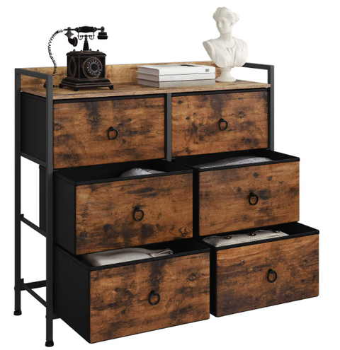 Ladekast met 6 Lades - Opbergkast met Houten Top & Metaal Frame - Voor Slaapkamer - Hal of Woonkamer - Met Zijbord & Verstelbare Voetjes - 80x29x78 cm - Rustiek bruin