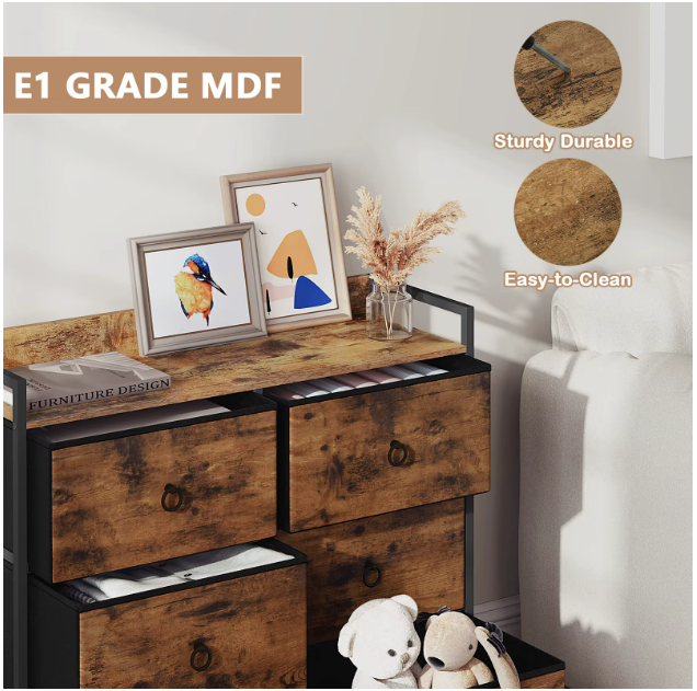 Ladekast met 6 Lades - Opbergkast met Houten Top & Metaal Frame - Voor Slaapkamer - Hal of Woonkamer - Met Zijbord & Verstelbare Voetjes - 80x29x78 cm - Rustiek bruin
