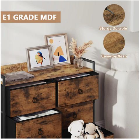 Ladekast met 6 Lades - Opbergkast met Houten Top & Metaal Frame - Voor Slaapkamer - Hal of Woonkamer - Met Zijbord & Verstelbare Voetjes - 80x29x78 cm - Rustiek bruin