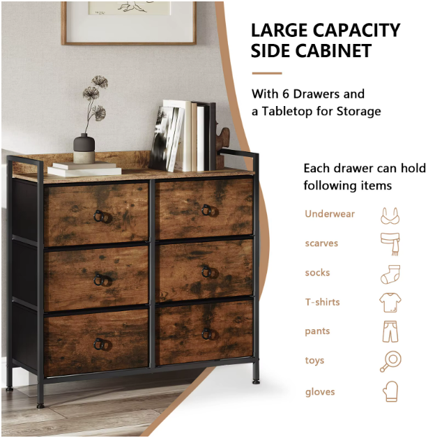 Ladekast met 6 Lades - Opbergkast met Houten Top & Metaal Frame - Voor Slaapkamer - Hal of Woonkamer - Met Zijbord & Verstelbare Voetjes - 80x29x78 cm - Rustiek bruin