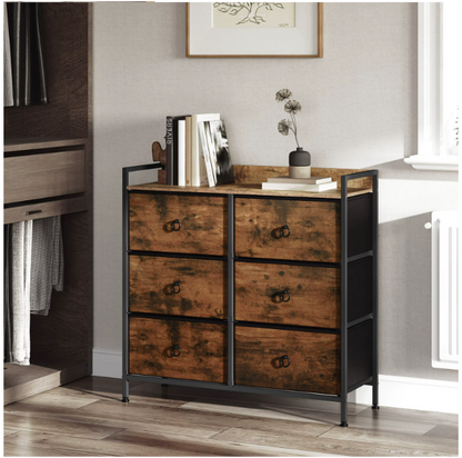 Ladekast met 6 Lades - Opbergkast met Houten Top & Metaal Frame - Voor Slaapkamer - Hal of Woonkamer - Met Zijbord & Verstelbare Voetjes - 80x29x78 cm - Rustiek bruin