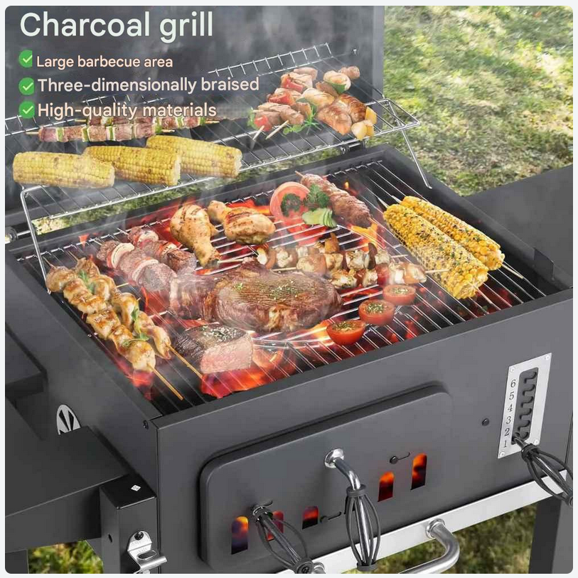 Houtskool Barbecue - XXL BBQ - Smoker Barbecue - Grilloppervlak - Houtskoollade - Opvouwbare Zijtafels - 130x137x49 cm - Zijpanelen - Grijs