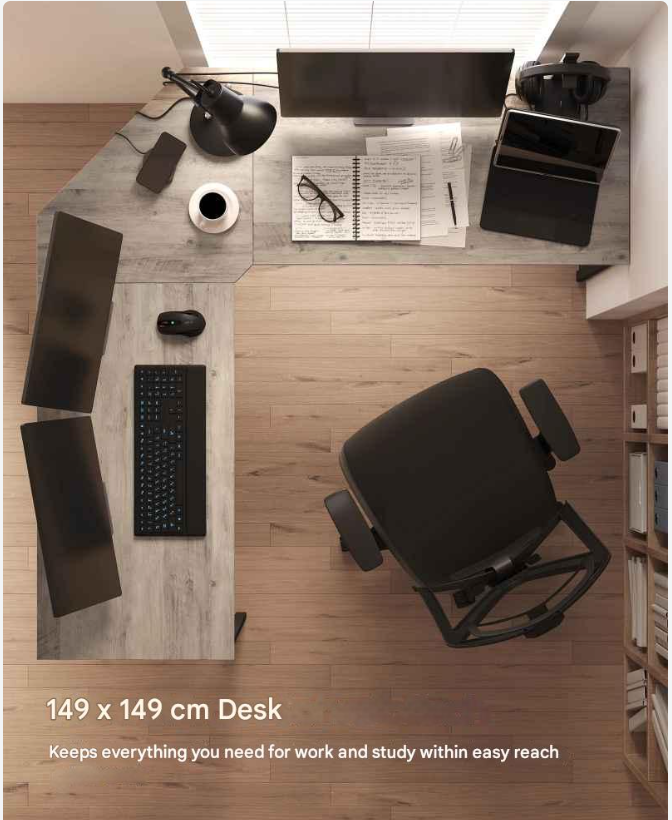 Computer Bureau - L-Vorm - Hoekbureau - Gaming Tafel - Computer Tafel - 149x149x75cm - Stabiel Bureau - Verstelbare Poten - 2 Open Planken - Donker Kaki - QUORE
