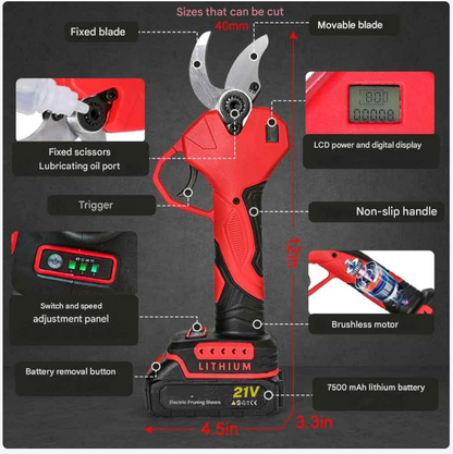 Elektrische Snoeischaar - 40mm - Accu Snoeischaar - 900W - Takkenschaar - Heggenschaar - Digitale Display - Voor Bomen - en Tuinonderhoud - 2 Accu - Rood