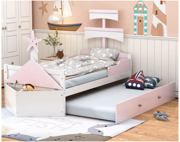 Houten kinderbed - Zeilbootvorm - Lades - Opbergkast Aan Het Einde Van Het Bed - Eenpersoonsbed - Roze