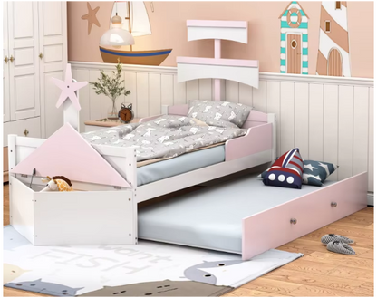 Houten kinderbed - Zeilbootvorm - Lades - Opbergkast Aan Het Einde Van Het Bed - Eenpersoonsbed - Roze