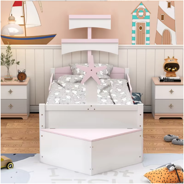 Houten kinderbed - Zeilbootvorm - Lades - Opbergkast Aan Het Einde Van Het Bed - Eenpersoonsbed - Roze