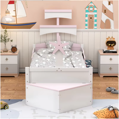 Houten kinderbed - Zeilbootvorm - Lades - Opbergkast Aan Het Einde Van Het Bed - Eenpersoonsbed - Roze