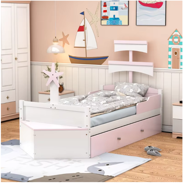 Houten kinderbed - Zeilbootvorm - Lades - Opbergkast Aan Het Einde Van Het Bed - Eenpersoonsbed - Roze