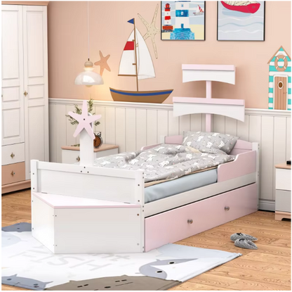 Houten kinderbed - Zeilbootvorm - Lades - Opbergkast Aan Het Einde Van Het Bed - Eenpersoonsbed - Roze