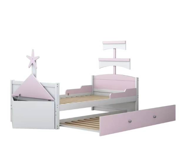 Houten kinderbed - Zeilbootvorm - Lades - Opbergkast Aan Het Einde Van Het Bed - Eenpersoonsbed - Roze