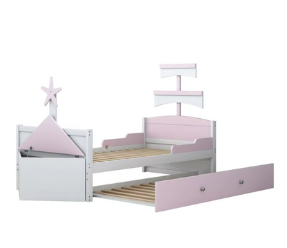 Houten kinderbed - Zeilbootvorm - Lades - Opbergkast Aan Het Einde Van Het Bed - Eenpersoonsbed - Roze