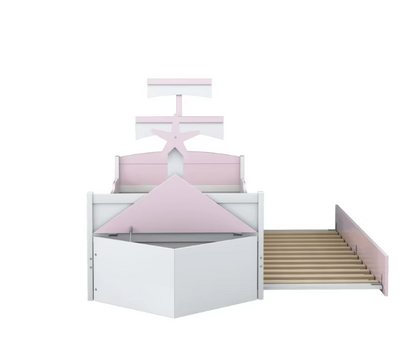 Houten kinderbed - Zeilbootvorm - Lades - Opbergkast Aan Het Einde Van Het Bed - Eenpersoonsbed - Roze