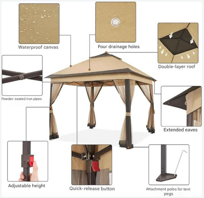 Gazebo Pop-Up Tent  - Kampeertent - Opvouwbare Partytent - Tenten - 3.3x3.3m - Waterdichte - 4 Muskietennetten - voor Camping - Feest of Festival - Lichtgrijs en Donker