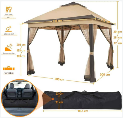 Gazebo Pop-Up Tent  - Kampeertent - Opvouwbare Partytent - Tenten - 3.3x3.3m - Waterdichte - 4 Muskietennetten - voor Camping - Feest of Festival - Lichtgrijs en Donker