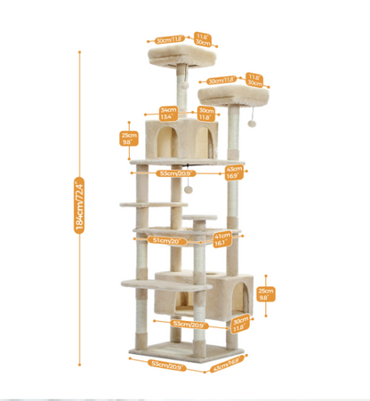 Kattenboom - Kitten Krabpaal - Katten Klimmuur - Sisal Krabpalen - Grote - 184cm Hoog - Meerdere Verdiepingen - Krabpalen - Krabplanken - Arbre a Chat - Hangmatten - Beige
