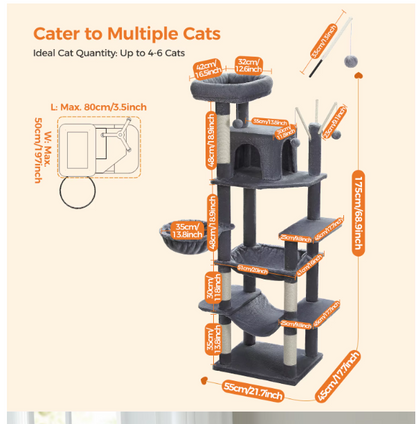 Kattenboom - Kitten Krabpaal - Katten Klimmuur - Sisal Krabpalen - Grote - 175cm Hoog - Meerdere Verdiepingen - Krabpalen - Krabplanken - Arbre a Chat - Hangmatten - Grijs