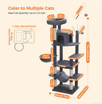 Kattenboom - Kitten Krabpaal - Sisal Krabpalen - Krabpaal - Katten Klimmuur - Krabplanken - Arbre a Chat - Hangmat & Speeltjes - Meerdere Verdiepingen - met Pluche Kattenhuisjes - 175cm - Donkergrijs