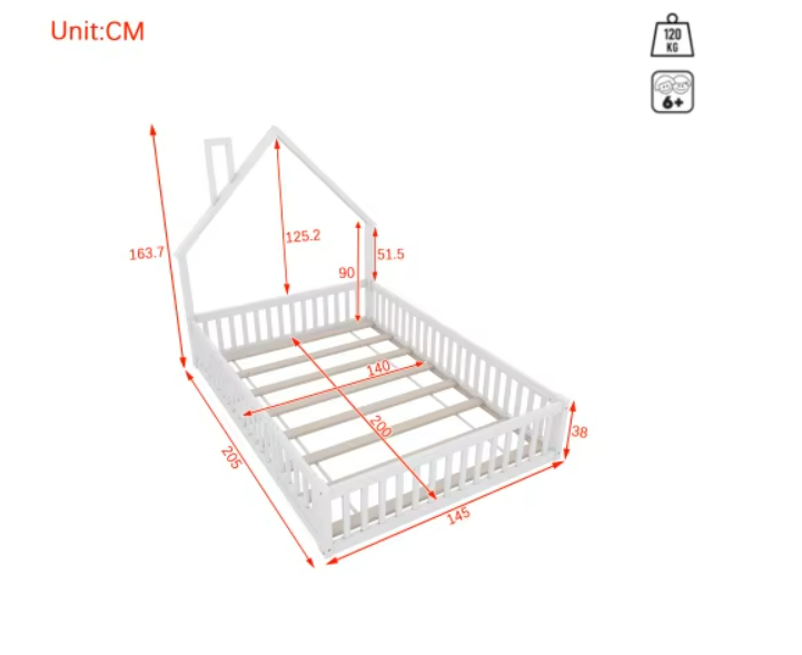 Kinderbed Tweepersoonsbed - Bed in Huis Design met Schoorsteen - Massief Houten - Bed met Lattenbodem -  140x200 cm  –  Wit