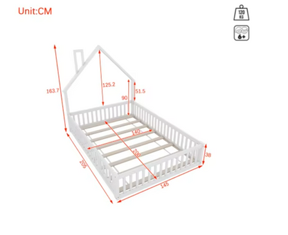 Kinderbed Tweepersoonsbed - Bed in Huis Design met Schoorsteen - Massief Houten - Bed met Lattenbodem -  140x200 cm  –  Wit