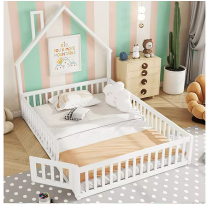 Kinderbed Tweepersoonsbed - Bed in Huis Design met Schoorsteen - Massief Houten - Bed met Lattenbodem -  140x200 cm  –  Wit