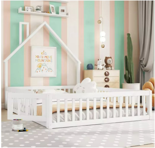 Kinderbed Tweepersoonsbed - Bed in Huis Design met Schoorsteen - Massief Houten - Bed met Lattenbodem -  140x200 cm  –  Wit