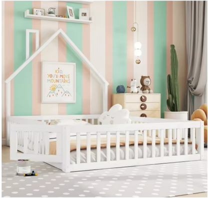 Kinderbed Tweepersoonsbed - Bed in Huis Design met Schoorsteen - Massief Houten - Bed met Lattenbodem -  140x200 cm  –  Wit