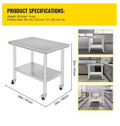 Roestvrijstalen Werktafel - Keukentrolley - Keukeneiland - Serveerwagen - Keuken Werktafel - Kookeiland - Verstelbare Legplank - met Wielen - voor Restaurant - Garage - Opslag - Keuken - 36 x 24 Inch