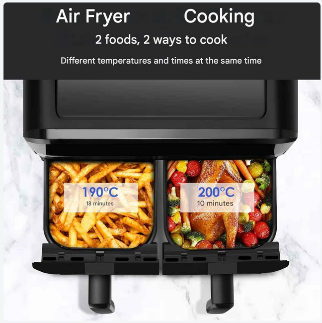 Heteluchtfriteuse – Airfryer - Airfryer Oven - 15L - Dubbele Zones - 2600W - 240V - 8 Programma’s - Dubbele Mand XL -Touch Bedieningspaneel - Kijkvenster - Zwart