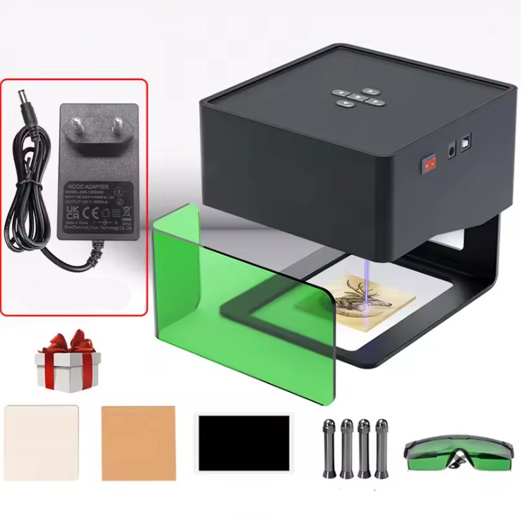 Mini Lasergraveermachine - Graveermachine - Graveerder - Graveerapparaat - Draagbare - met Bril -  Bluetooth - voor Geschilderd Dog Tag - Papier - Leer - Houten - Plastic - Logo - EU-stekker - 8 x 8 cm - Zwart - QUORE