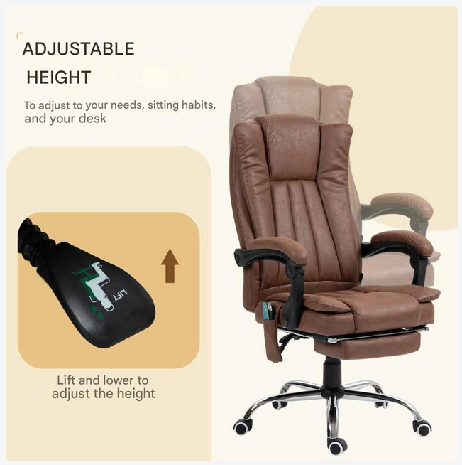 Massagestoel - Ergonomische Bureaustoel - Gaming Stoel - Kantoorstoel - Stoelen - met Verstelbare Rugleuning - en Verwarming - 6 Massagepunten - 360° Draaibaar - Verstelbare Voetsteun - Bruin - QUORE