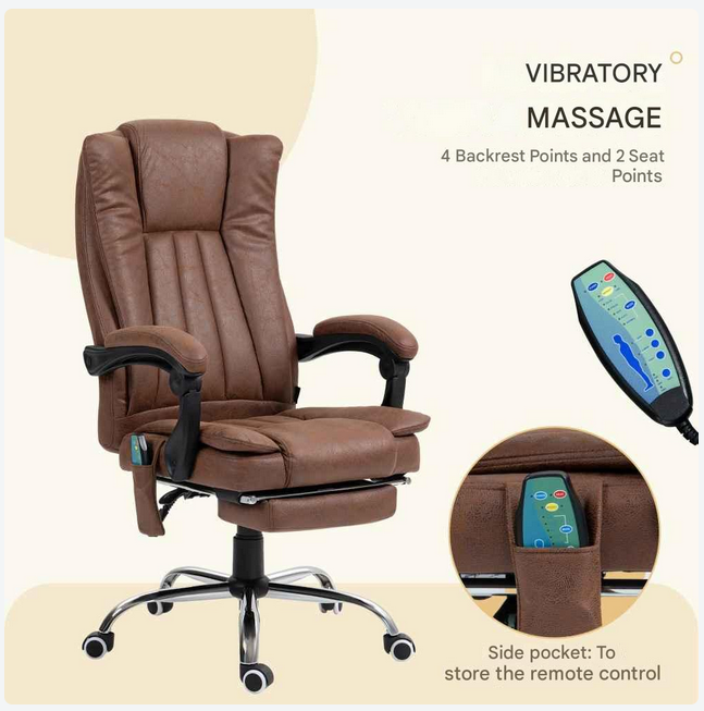 Massagestoel - Ergonomische Bureaustoel - Gaming Stoel - Kantoorstoel - Stoelen - met Verstelbare Rugleuning - en Verwarming - 6 Massagepunten - 360° Draaibaar - Verstelbare Voetsteun - Bruin - QUORE