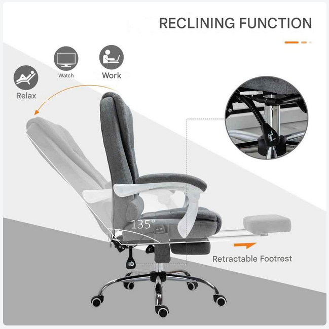 Bureaustoel - Kantoorstoel - Massagestoel - Loungestoel - met 6 Massagepunten - Verstelbare Rugleuning - Ergonomische Stoel - met Voetsteun - 120kg Draagvermogen – Grijs – Verstelbare Hoogte – Warmtefunctie - QUORE