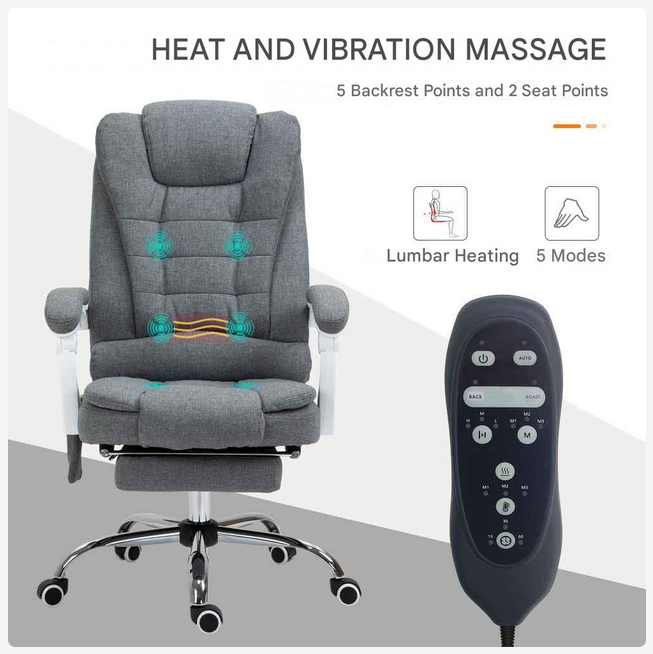 Bureaustoel - Kantoorstoel - Massagestoel - Loungestoel - met 6 Massagepunten - Verstelbare Rugleuning - Ergonomische Stoel - met Voetsteun - 120kg Draagvermogen – Grijs – Verstelbare Hoogte – Warmtefunctie - QUORE