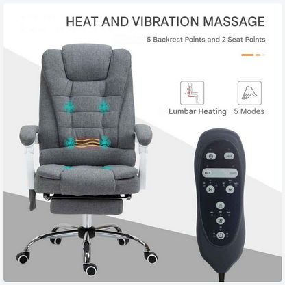 Bureaustoel - Kantoorstoel - Massagestoel - Loungestoel - met 6 Massagepunten - Verstelbare Rugleuning - Ergonomische Stoel - met Voetsteun - 120kg Draagvermogen – Grijs – Verstelbare Hoogte – Warmtefunctie - QUORE