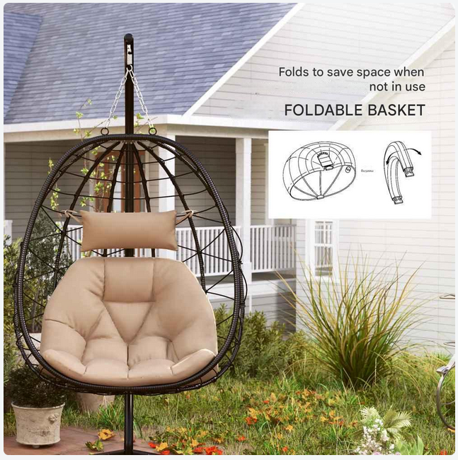 Hangstoel in Ei-vorm - Egg Hangstoel - Hangstoel Ei - Tuin Schommelstoel - met Standaard - Opvouwbare Mand - Inclusief Kussen - en Hoofdkussen - 198x98x95cm - voor Buiten - Terrasdecoratie - Balkon - Khaki