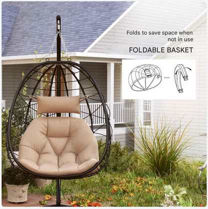 Hangstoel in Ei-vorm - Egg Hangstoel - Hangstoel Ei - Tuin Schommelstoel - met Standaard - Opvouwbare Mand - Inclusief Kussen - en Hoofdkussen - 198x98x95cm - voor Buiten - Terrasdecoratie - Balkon - Khaki