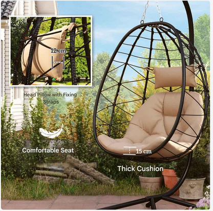 Hangstoel in Ei-vorm - Egg Hangstoel - Hangstoel Ei - Tuin Schommelstoel - met Standaard - Opvouwbare Mand - Inclusief Kussen - en Hoofdkussen - 198x98x95cm - voor Buiten - Terrasdecoratie - Balkon - Khaki