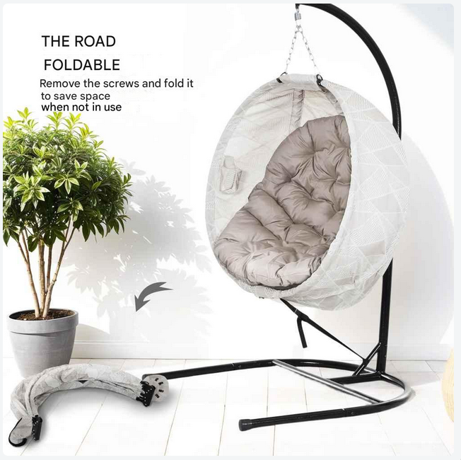 Hangstoel in Ei-vorm - Egg Hangstoel - Hangstoel Ei - Tuin Schommelstoel - met Standaard - Opvouwbare Mand - Inclusief Kussen - en Bekerhouder - 106x114x178cm - voor Buiten - Terrasdecoratie - Balkon - Geel