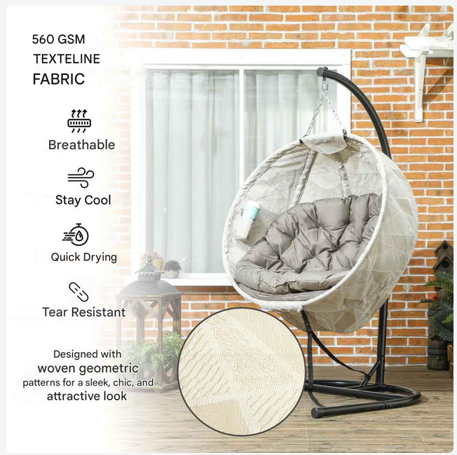 Hangstoel in Ei-vorm - Egg Hangstoel - Hangstoel Ei - Tuin Schommelstoel - met Standaard - Opvouwbare Mand - Inclusief Kussen - en Bekerhouder - 106x114x178cm - voor Buiten - Terrasdecoratie - Balkon - Geel
