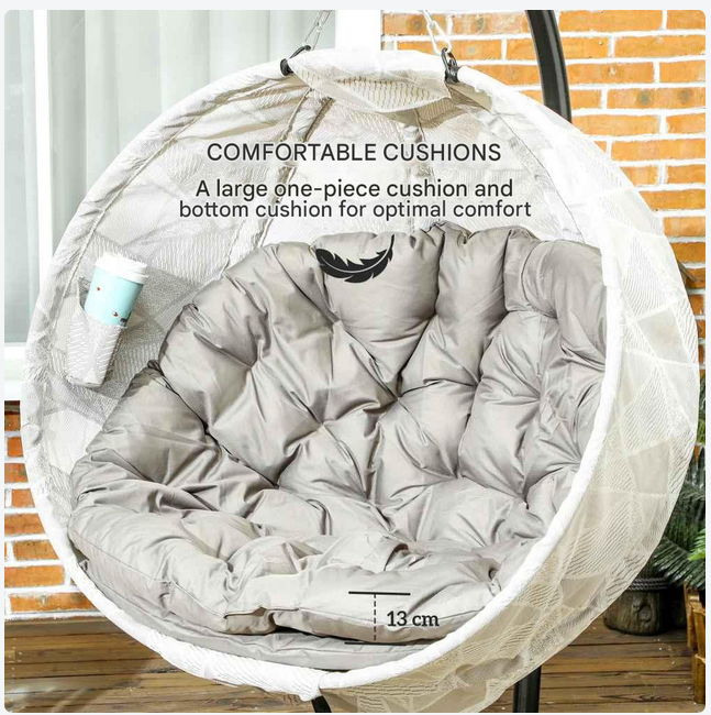 Hangstoel in Ei-vorm - Egg Hangstoel - Hangstoel Ei - Tuin Schommelstoel - met Standaard - Opvouwbare Mand - Inclusief Kussen - en Bekerhouder - 106x114x178cm - voor Buiten - Terrasdecoratie - Balkon - Geel