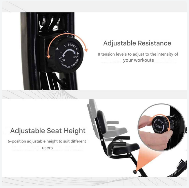 Hometrainer - Spinningfiets - Hometrainers - Indoorfietsen - Indoorfiets - 2-in-1 Fitness Fiets - 8 Niveaus - LCD Display - Opvouwbare - Verstelbaar Zadel - met Rugleuning - 120kg Draagkracht - Fiets - voor Cardio Training - Zwart - QUORE