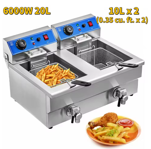 Dubbele Frituurpan - Frituurpannen - Horeca Friteuse - 20L - 6000W - Instelbare Thermostaat - RVS - 2 Tanks - Snelle Verwarming - Voor Horeca - en Thuisgebruik - QUORE